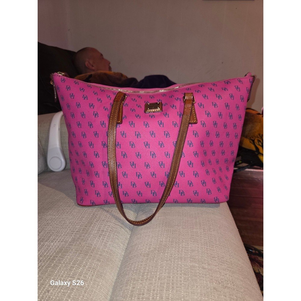81. Dooney & Bourke Pink Blue Monogram Coated Canvas Tote Bag Tan Leather Trim